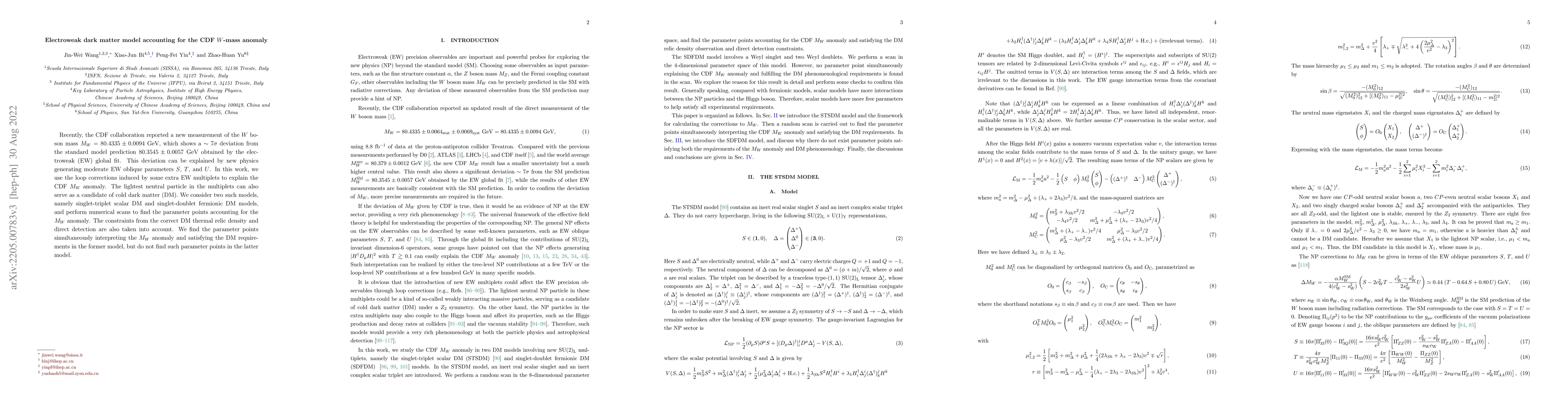 Thumbnail for Electroweak dark matter model accounting for the CDF $W$-mass anomaly