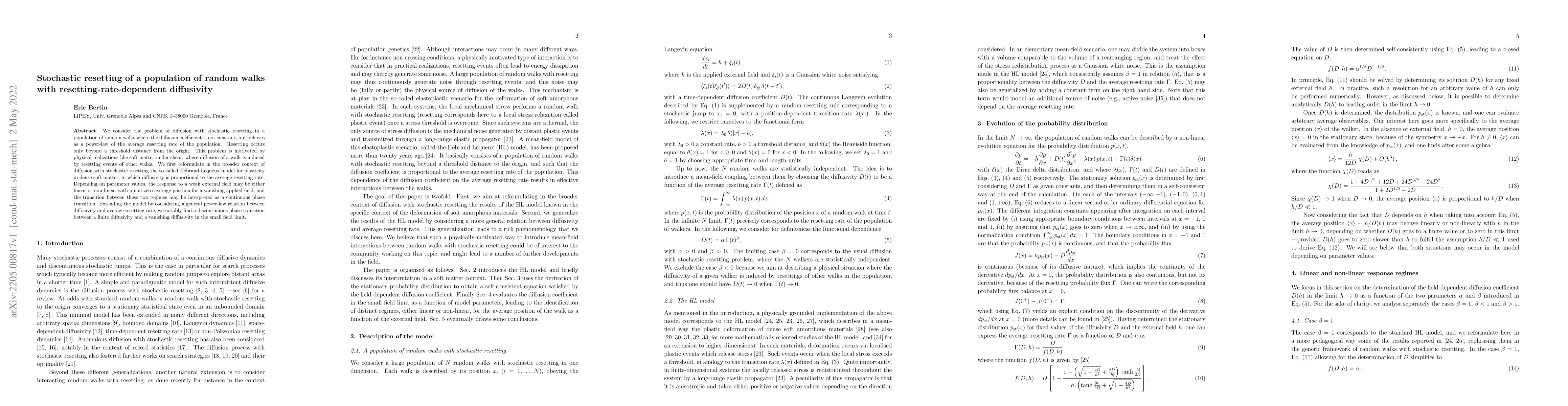 Thumbnail for Stochastic resetting of a population of random walks with
  resetting-rate-dependent diffusivity