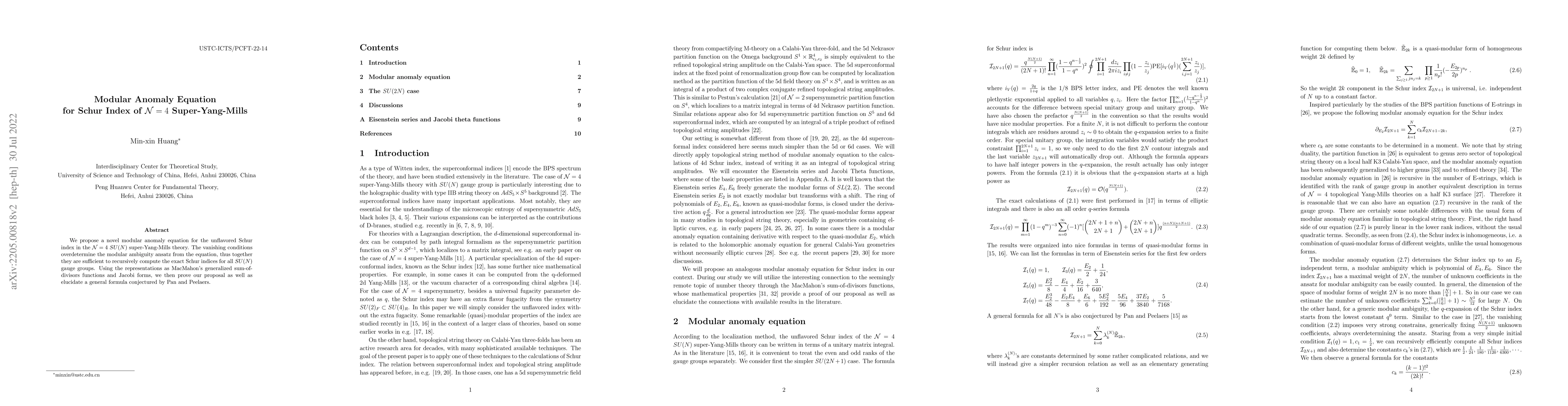 Thumbnail for Modular Anomaly Equation for Schur Index of $\mathcal{N}=4$
  Super-Yang-Mills