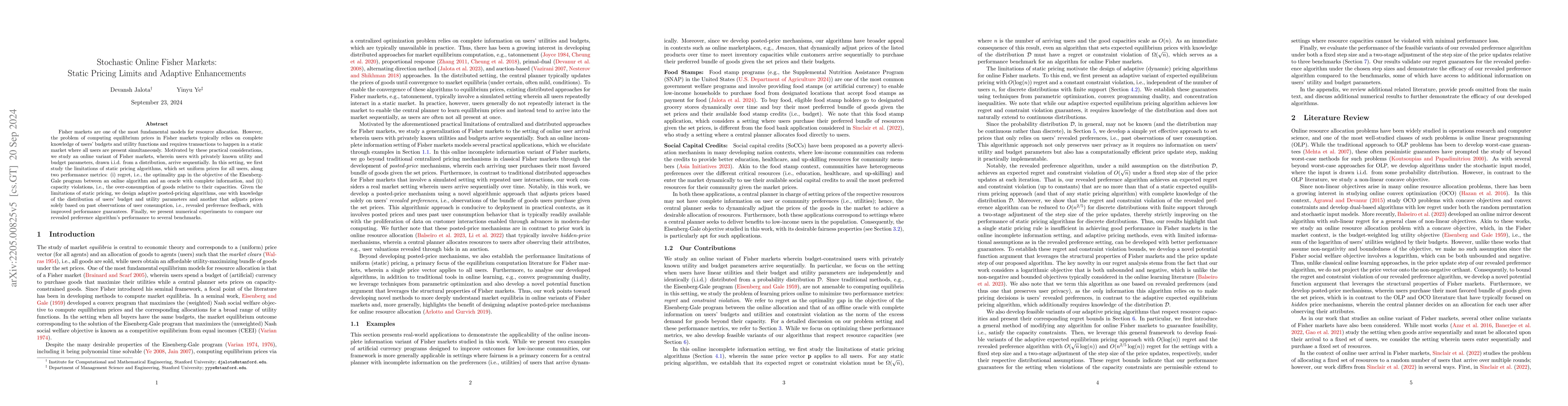 Thumbnail for Stochastic Online Fisher Markets: Static Pricing Limits and Adaptive
  Enhancements