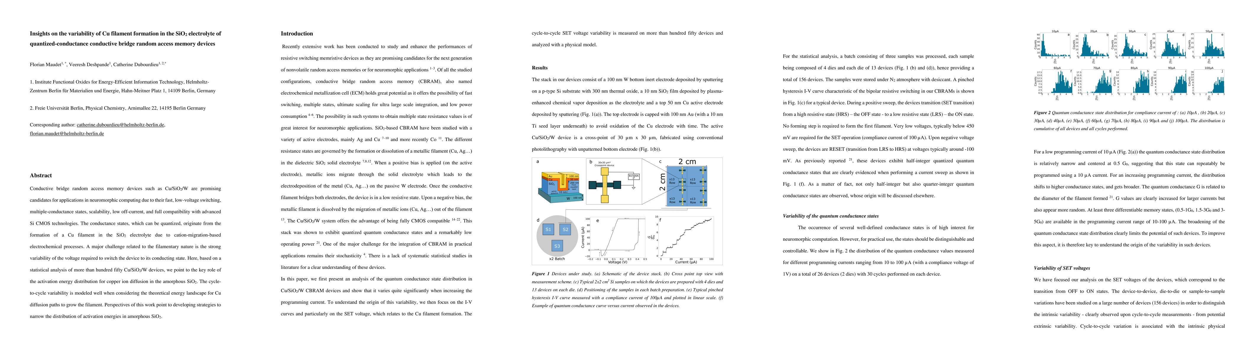 Thumbnail for Insights on the variability of Cu filament formation in the SiO2
  electrolyte of quantized-conductance conductive bridge random access memory
  devices