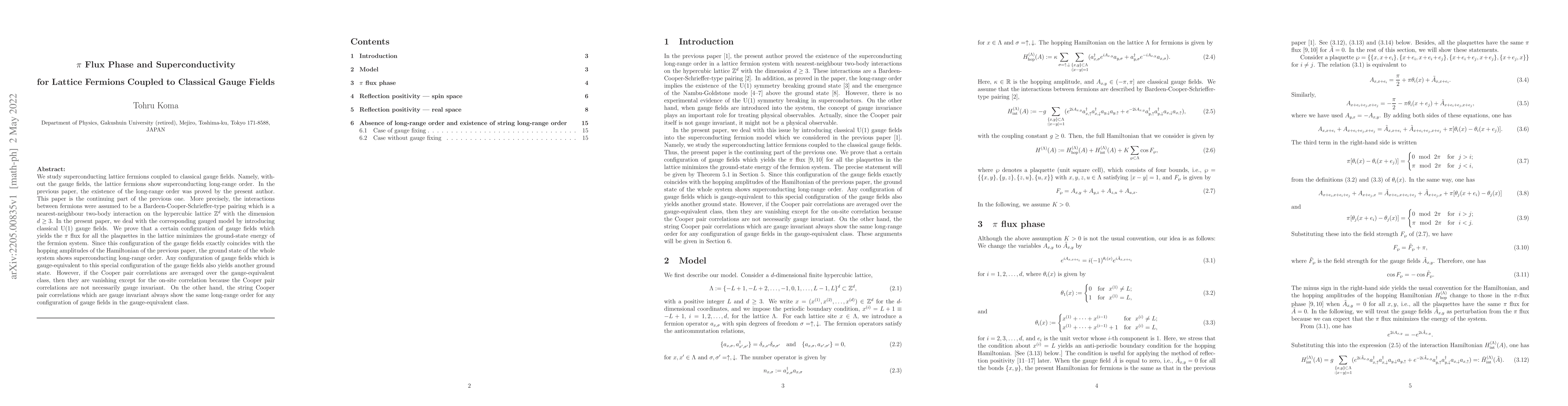 Thumbnail for $\pi$ Flux Phase and Superconductivity for Lattice Fermions Coupled to
  Classical Gauge Fields