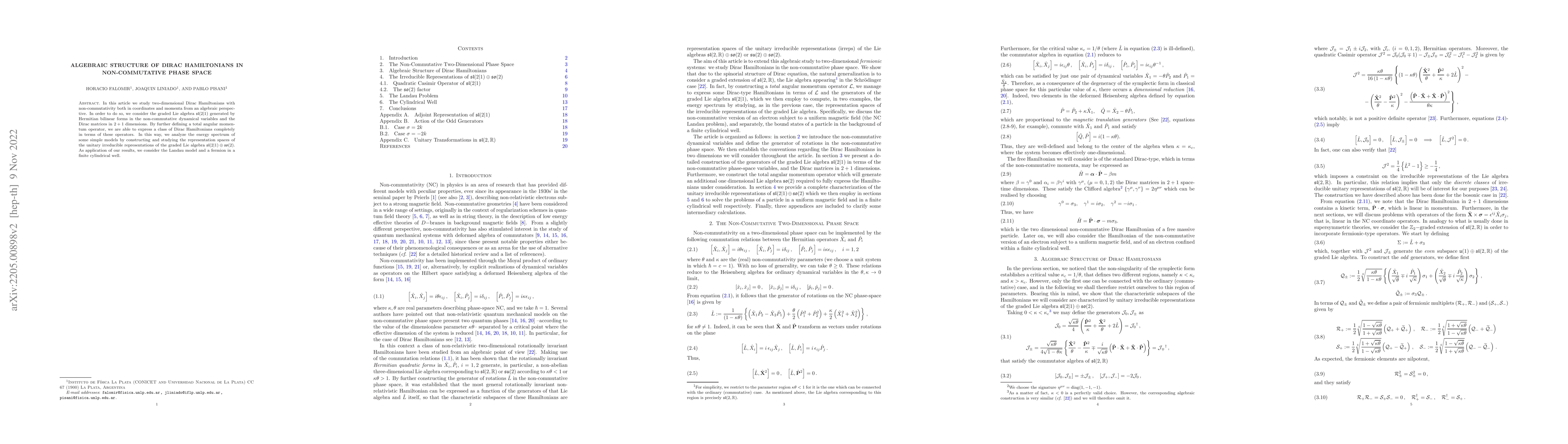 Thumbnail for Algebraic Structure of Dirac Hamiltonians in Non-Commutative Phase Space