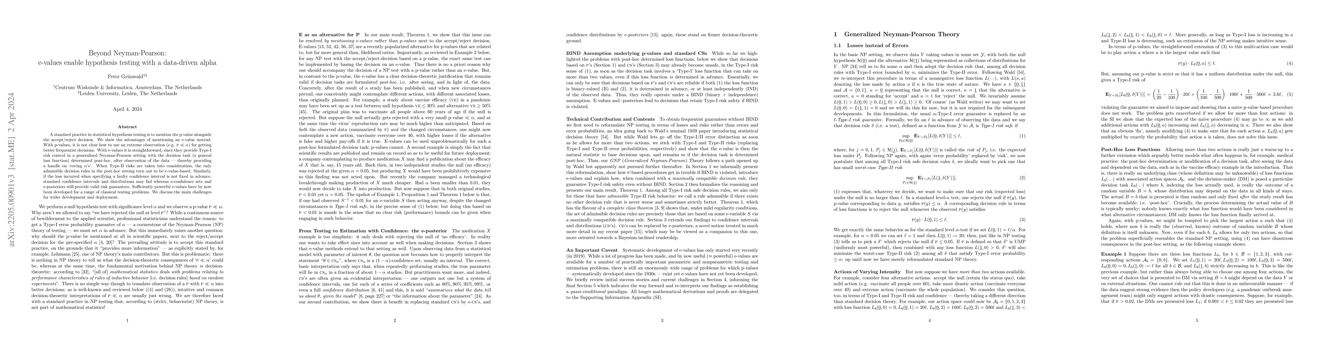 Thumbnail for Beyond Neyman-Pearson: e-values enable hypothesis testing with a
  data-driven alpha