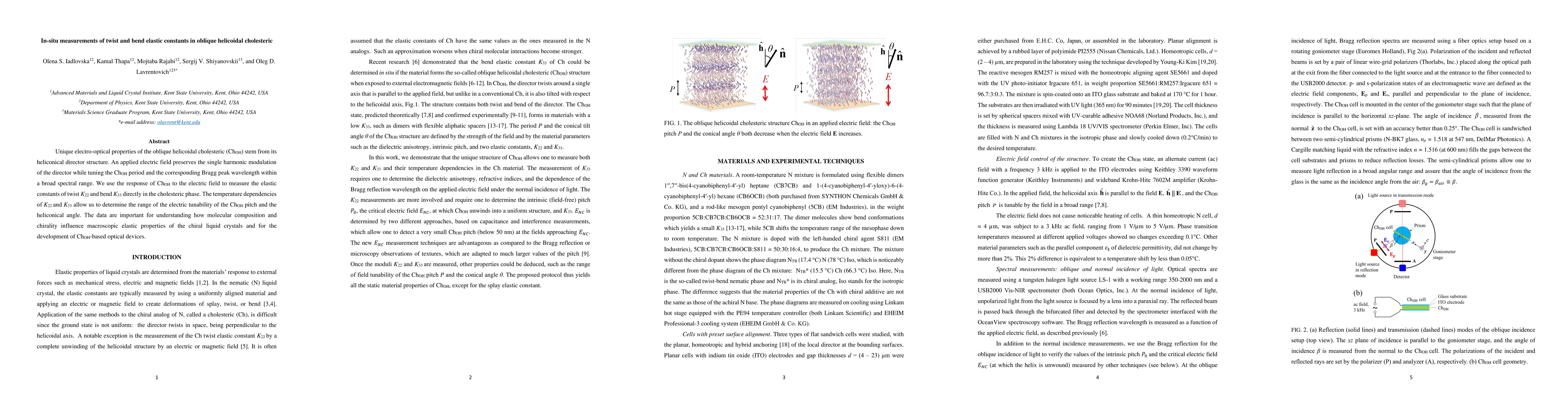 Thumbnail for In-situ measurements of twist and bend elastic constants in oblique
  helicoidal cholesteric