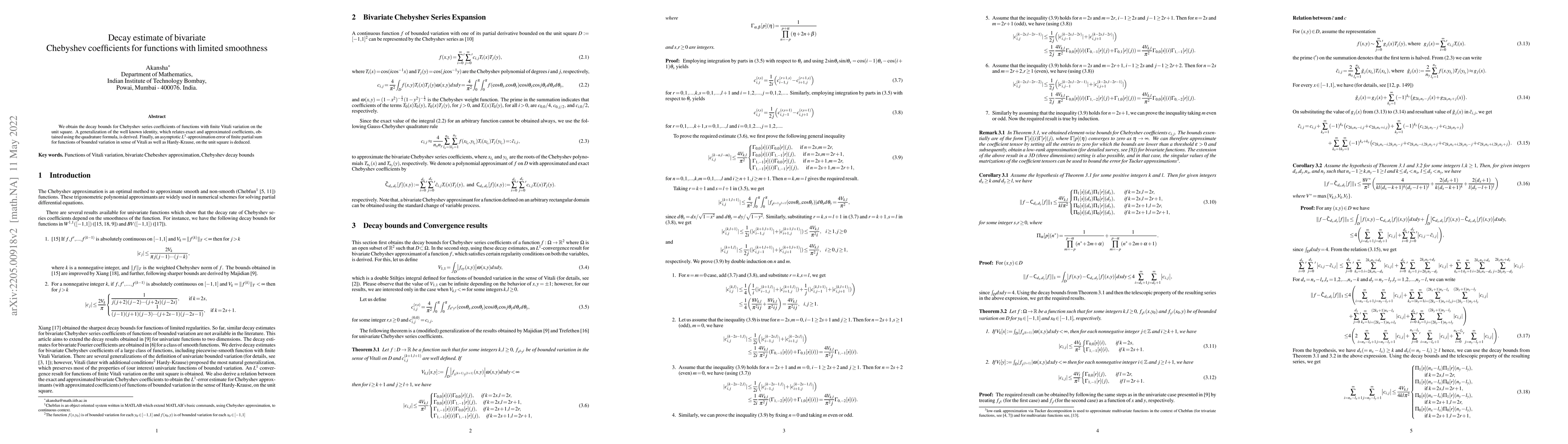 Thumbnail for Decay estimate of bivariate Chebyshev coefficients for functions with
  limited smoothness