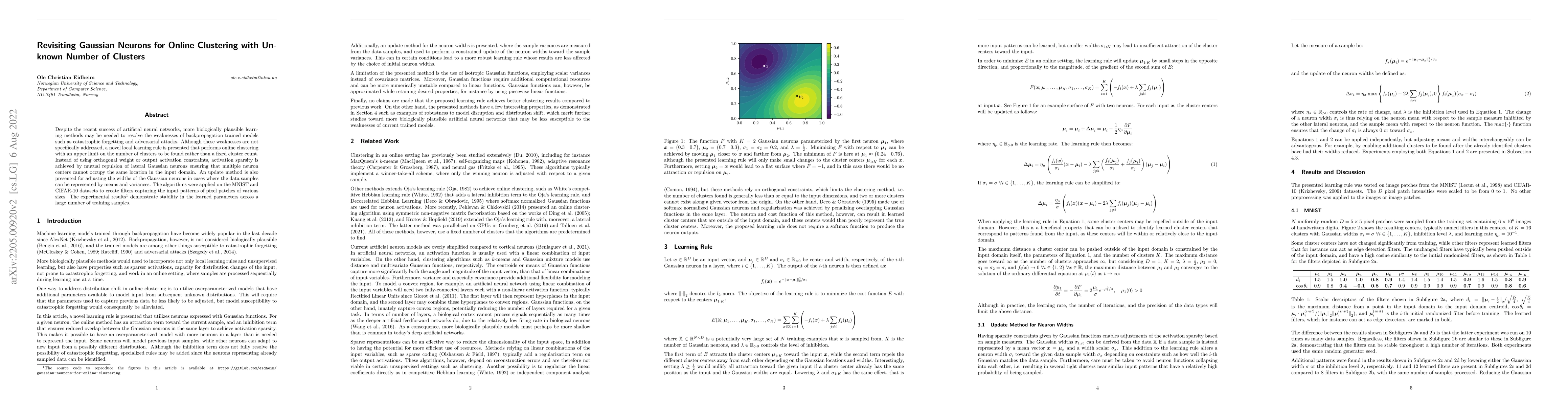 Thumbnail for Revisiting Gaussian Neurons for Online Clustering with Unknown Number of
  Clusters