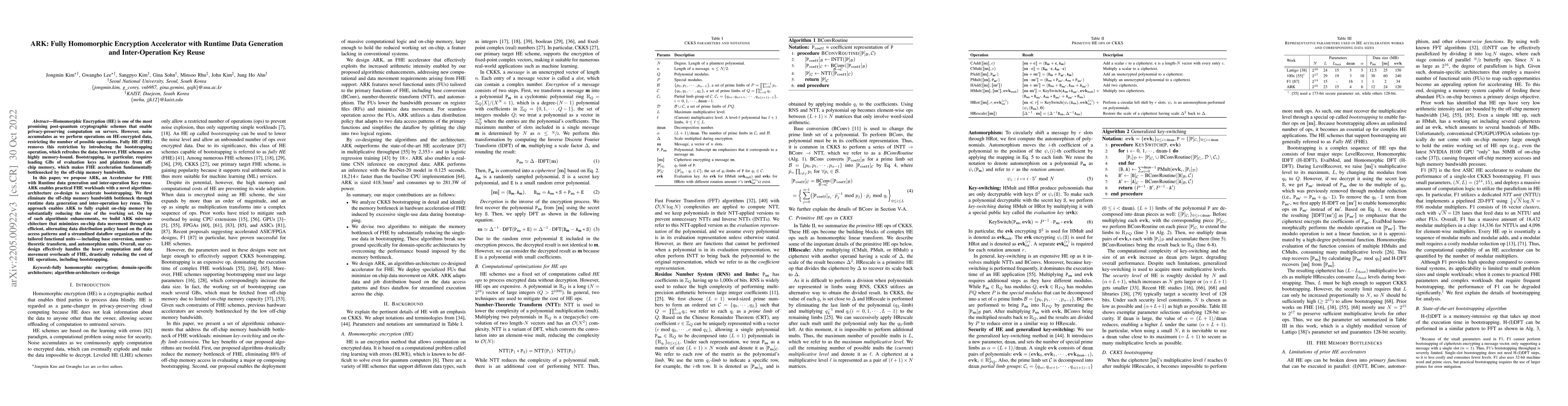 Thumbnail for ARK: Fully Homomorphic Encryption Accelerator with Runtime Data
  Generation and Inter-Operation Key Reuse