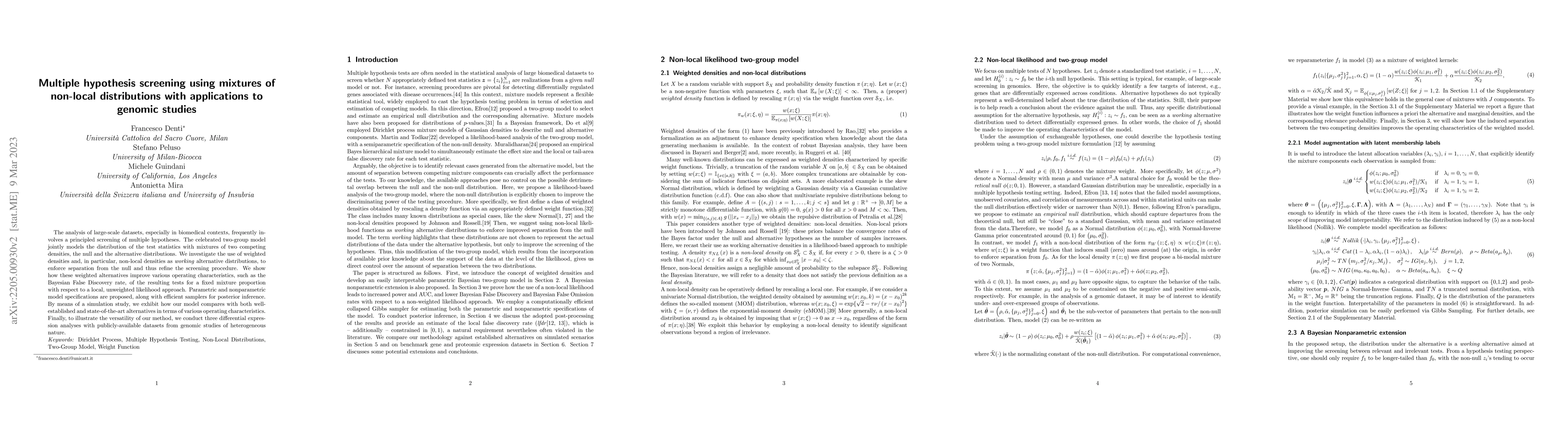 Thumbnail for Multiple hypothesis screening using mixtures of non-local distributions
  with applications to genomic studies