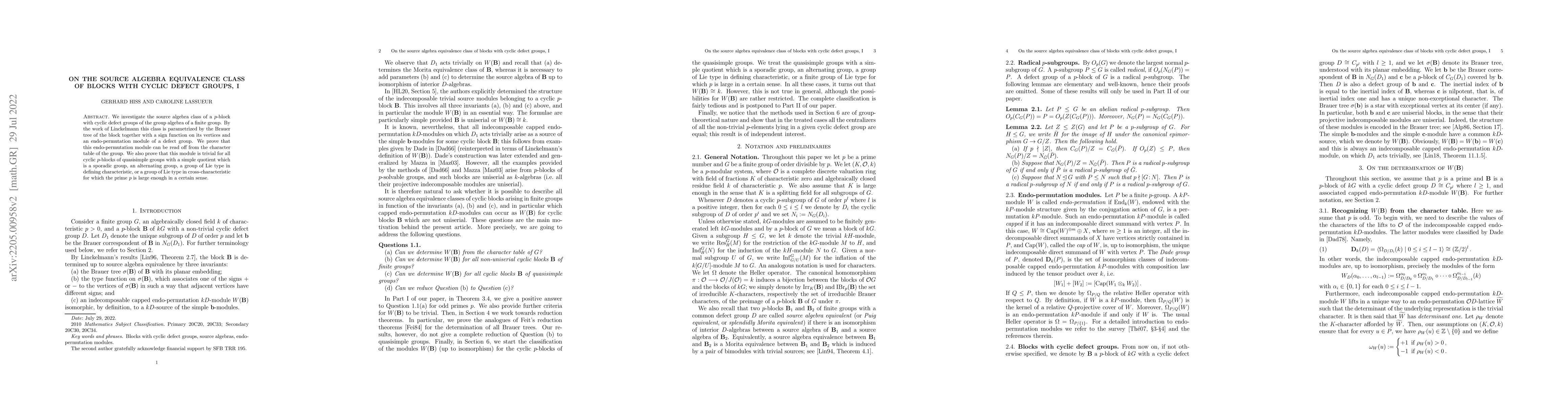 Thumbnail for On the source algebra equivalence class of blocks with cyclic defect
  groups, I