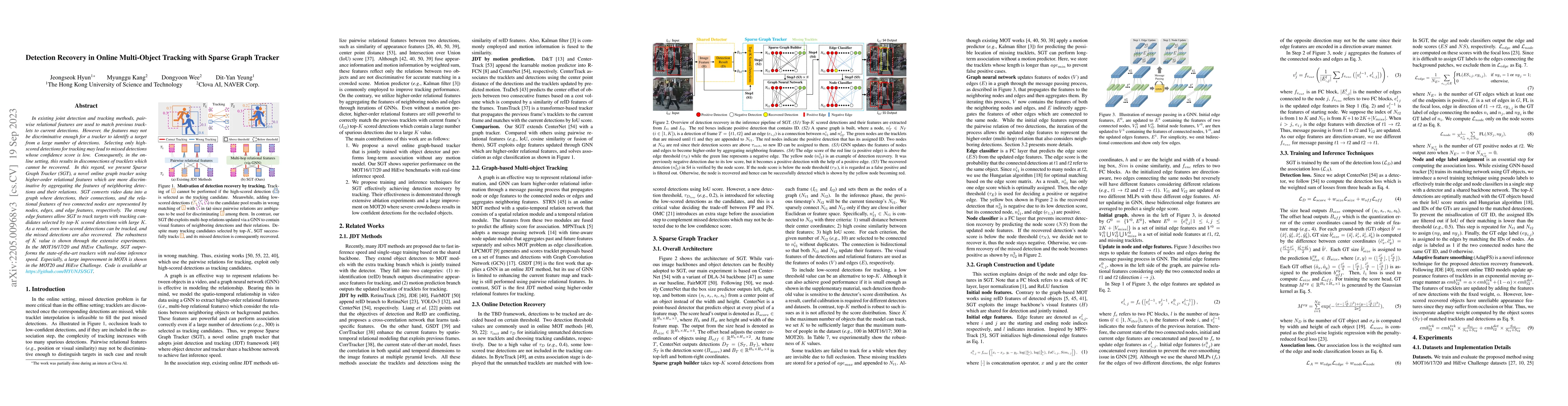 Thumbnail for Detection Recovery in Online Multi-Object Tracking with Sparse Graph
  Tracker