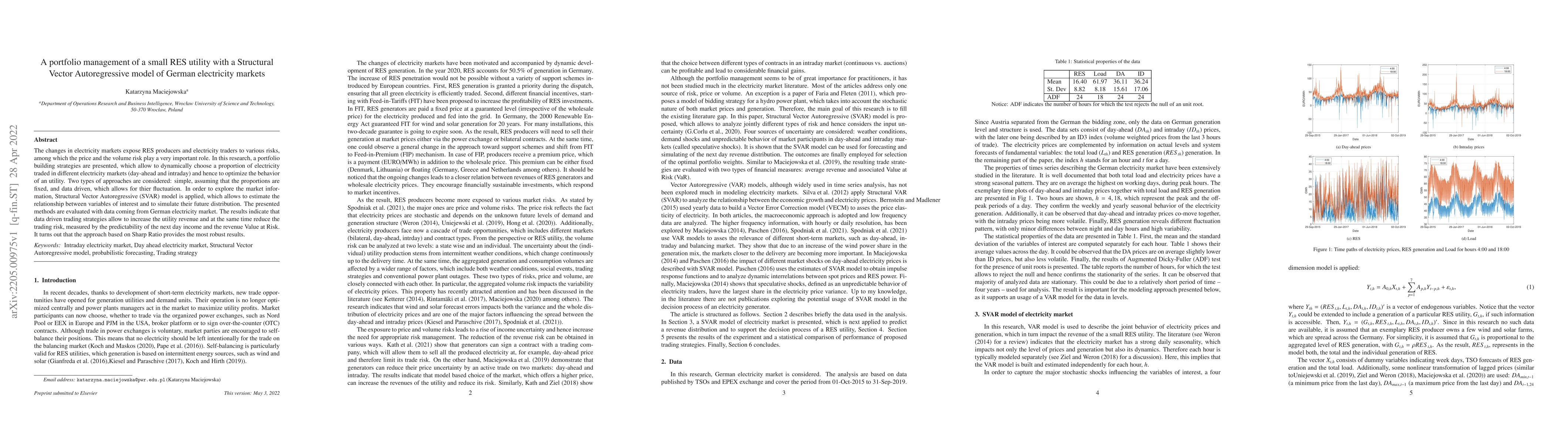 Thumbnail for A portfolio management of a small RES utility with a Structural Vector
  Autoregressive model of German electricity markets