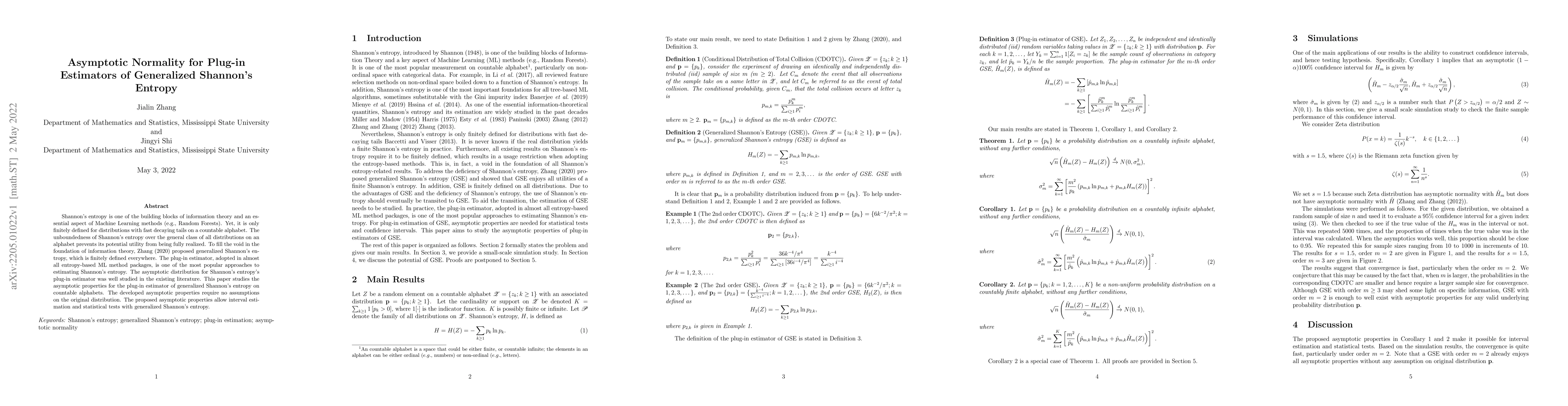 Thumbnail for Asymptotic Normality for Plug-in Estimators of Generalized Shannon's
  Entropy