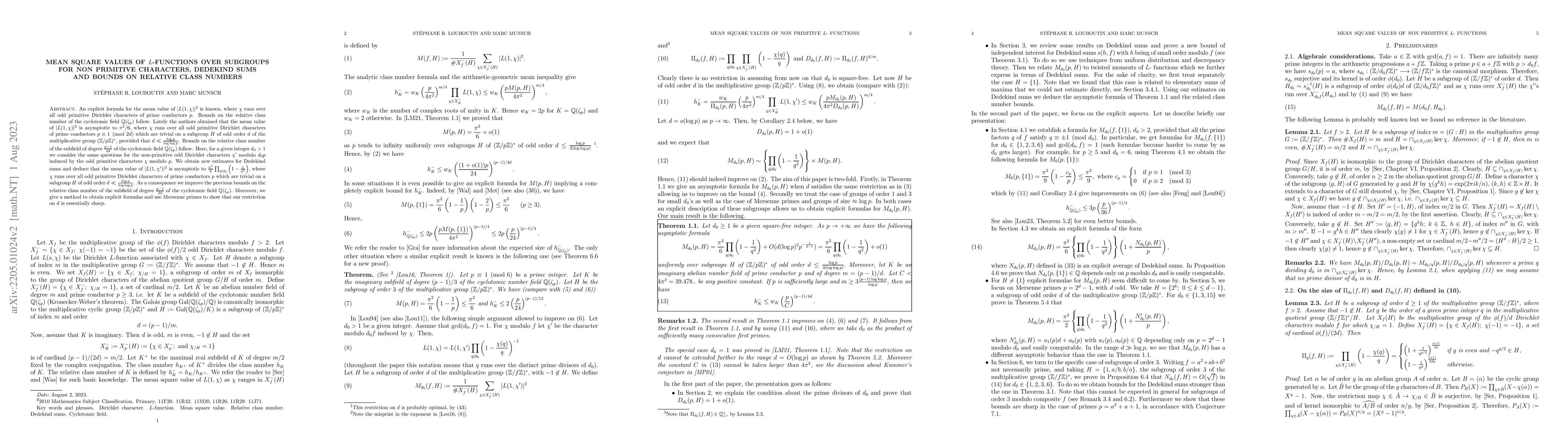 Thumbnail for Mean square values of $L$-functions over subgroups for non primitive
  characters, Dedekind sums and bounds on relative class numbers