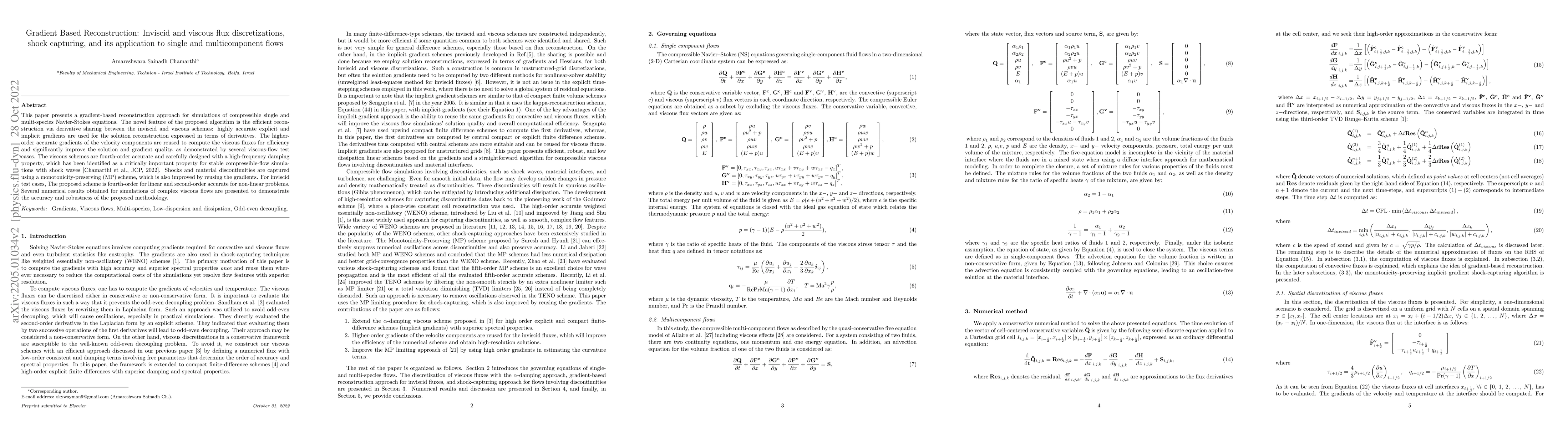 Thumbnail for Gradient Based Reconstruction: Inviscid and viscous flux
  discretizations, shock capturing, and its application to single and
  multicomponent flows