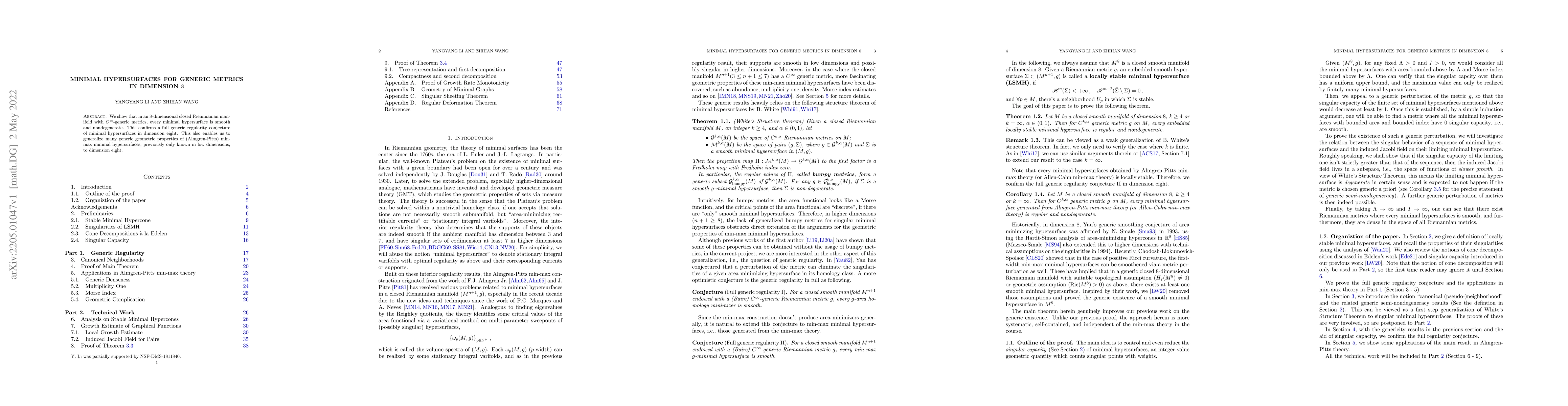 Thumbnail for Minimal hypersurfaces for generic metrics in dimension 8