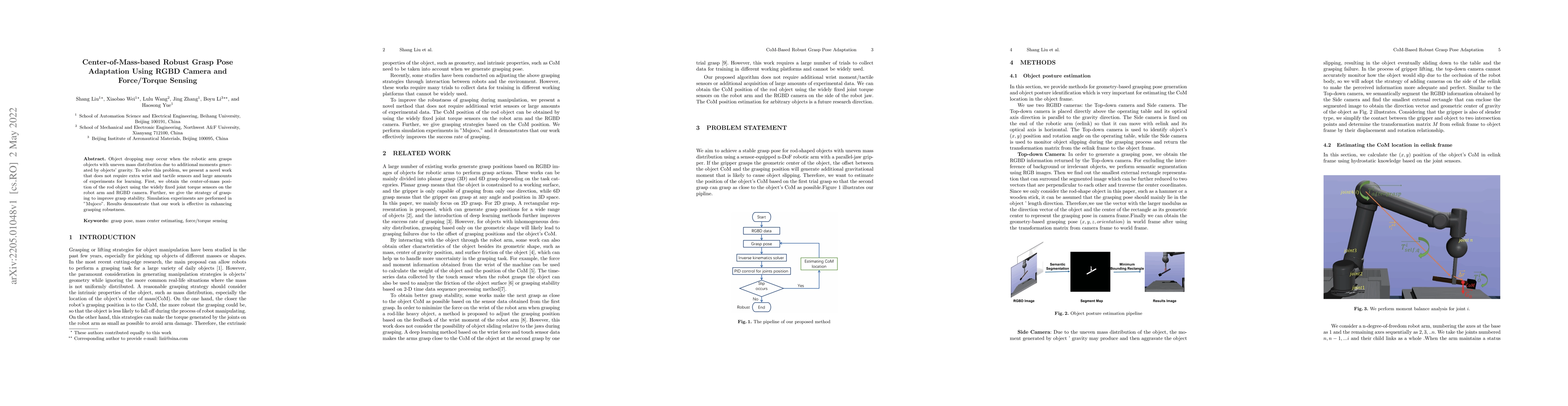 Thumbnail for Center-of-Mass-based Robust Grasp Pose Adaptation Using RGBD Camera and
  Force/Torque Sensing
