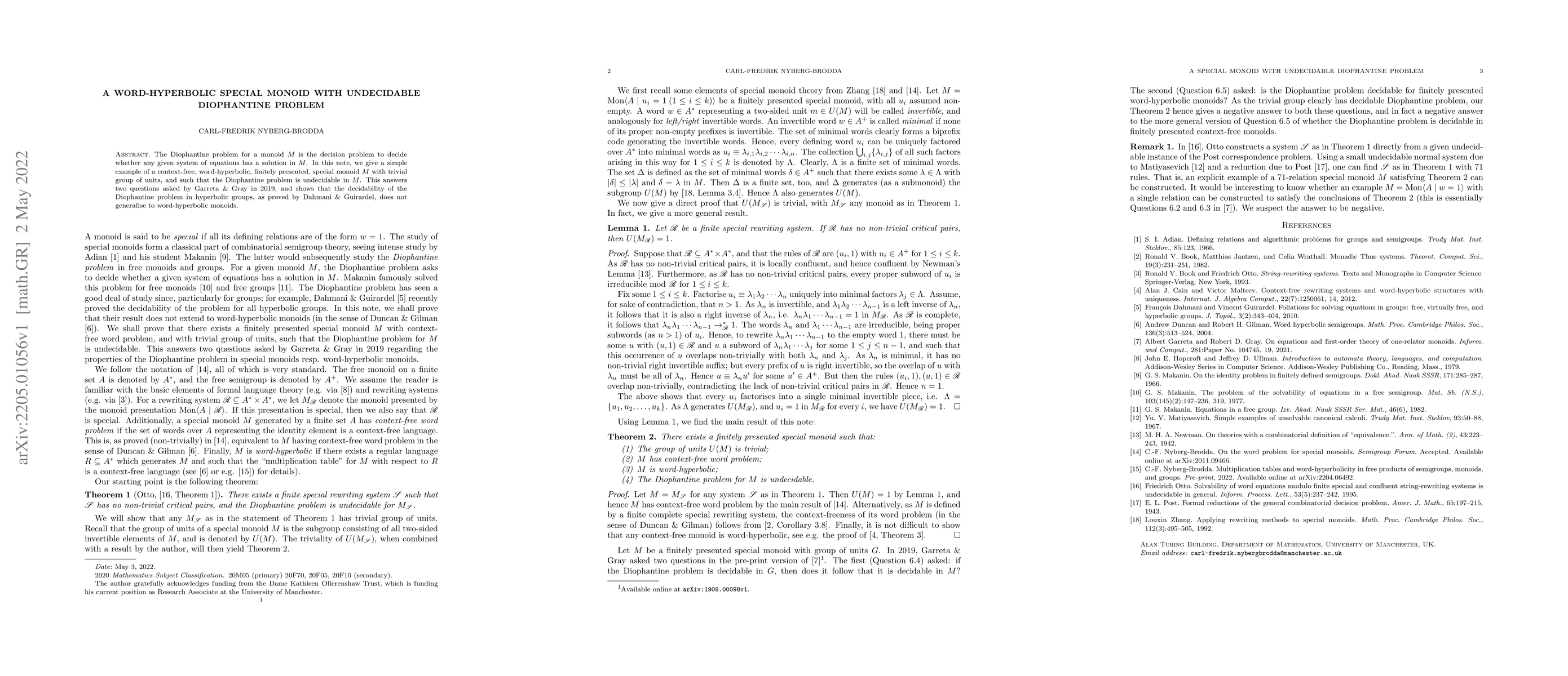 Thumbnail for A word-hyperbolic special monoid with undecidable Diophantine problem