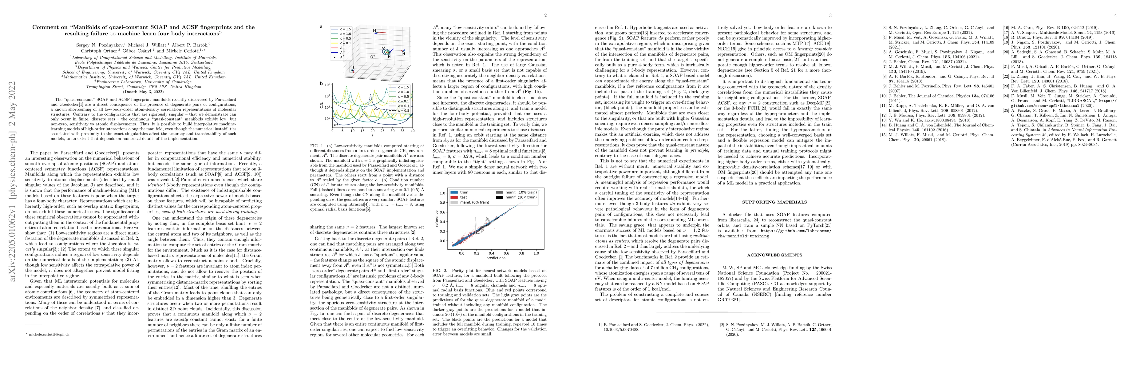 Thumbnail for Comment on "Manifolds of quasi-constant SOAP and ACSF fingerprints and
  the resulting failure to machine learn four body interactions"