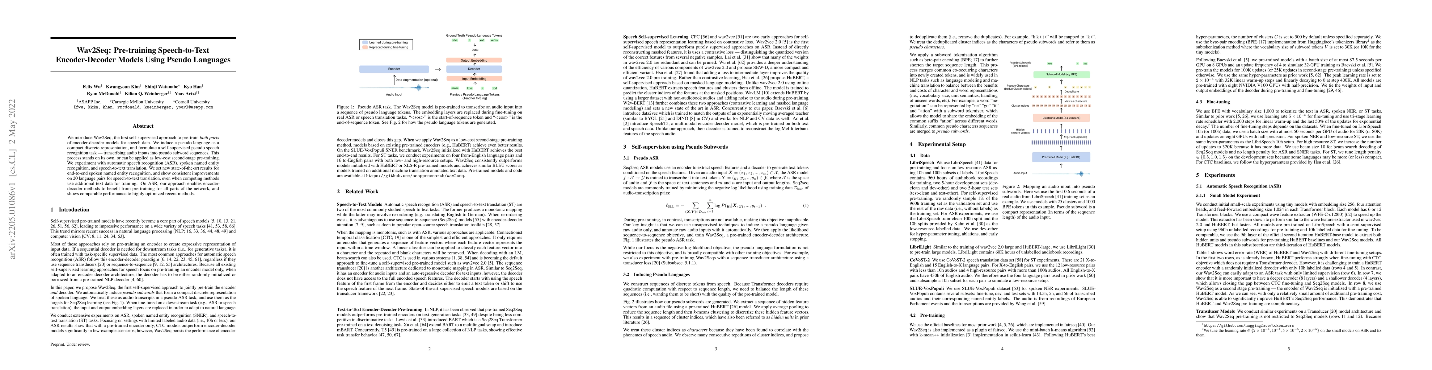 Thumbnail for Wav2Seq: Pre-training Speech-to-Text Encoder-Decoder Models Using Pseudo
  Languages