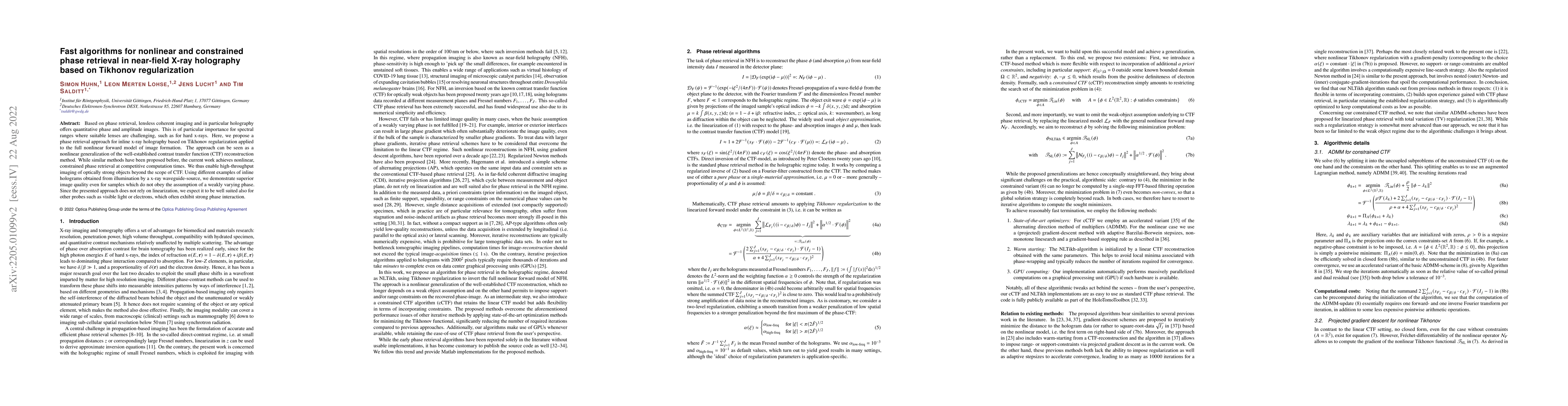 Thumbnail for Fast algorithms for nonlinear and constrained phase retrieval in
  near-field X-ray holography based on Tikhonov regularization