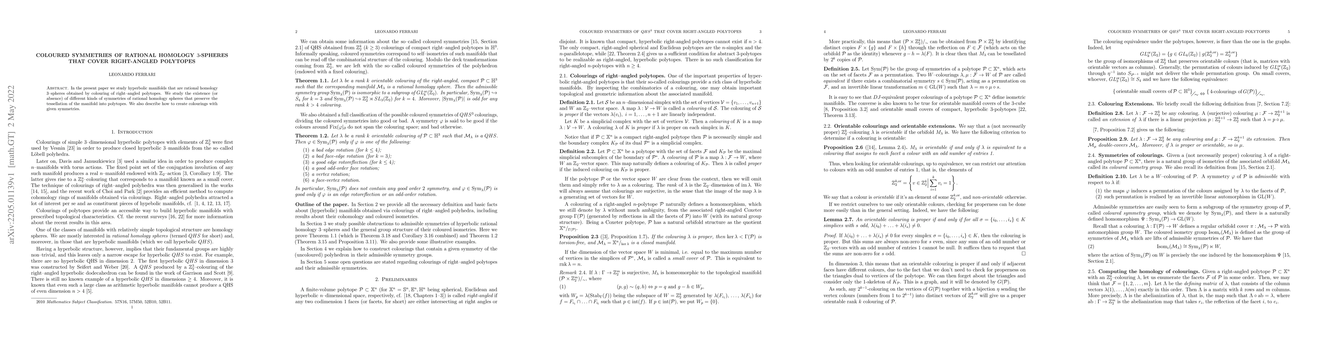 Thumbnail for Coloured symmetries of rational homology 3-spheres that cover
  right-angled polytopes