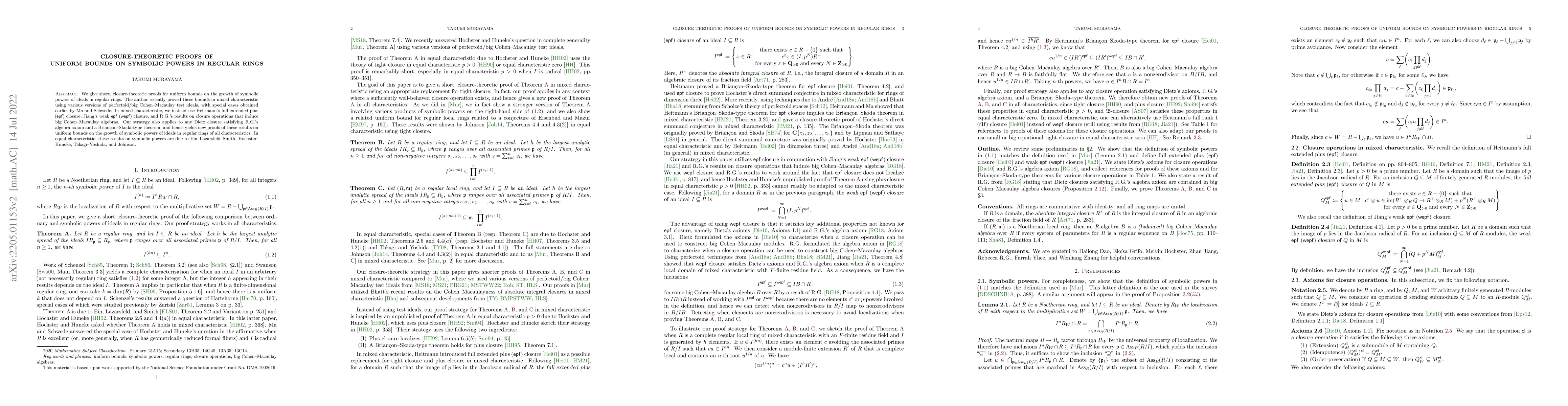 Thumbnail for Closure-theoretic proofs of uniform bounds on symbolic powers in regular
  rings