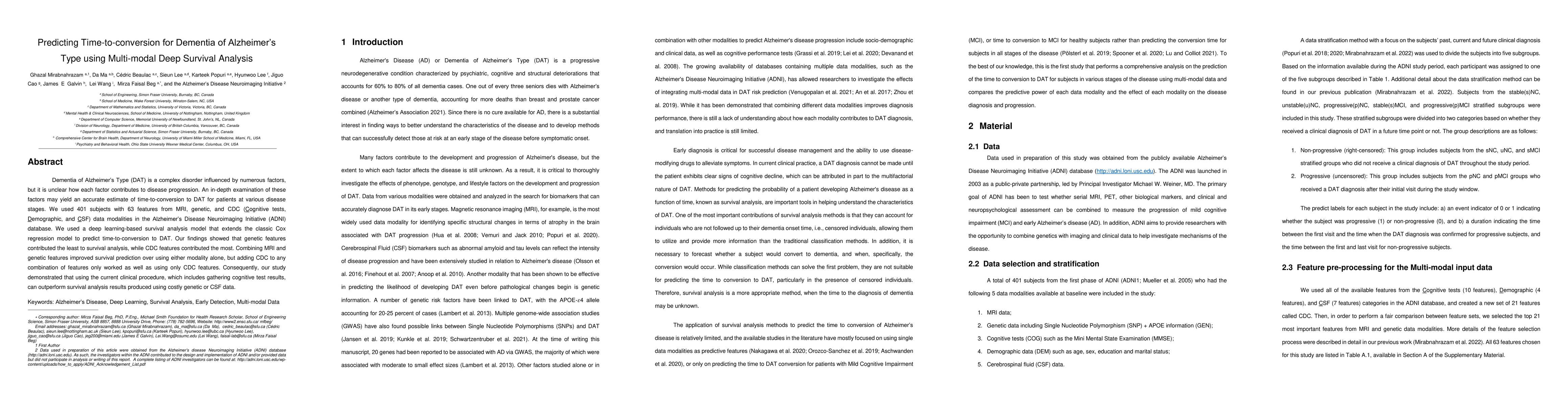 Thumbnail for Predicting Time-to-conversion for Dementia of Alzheimer's Type using
  Multi-modal Deep Survival Analysis