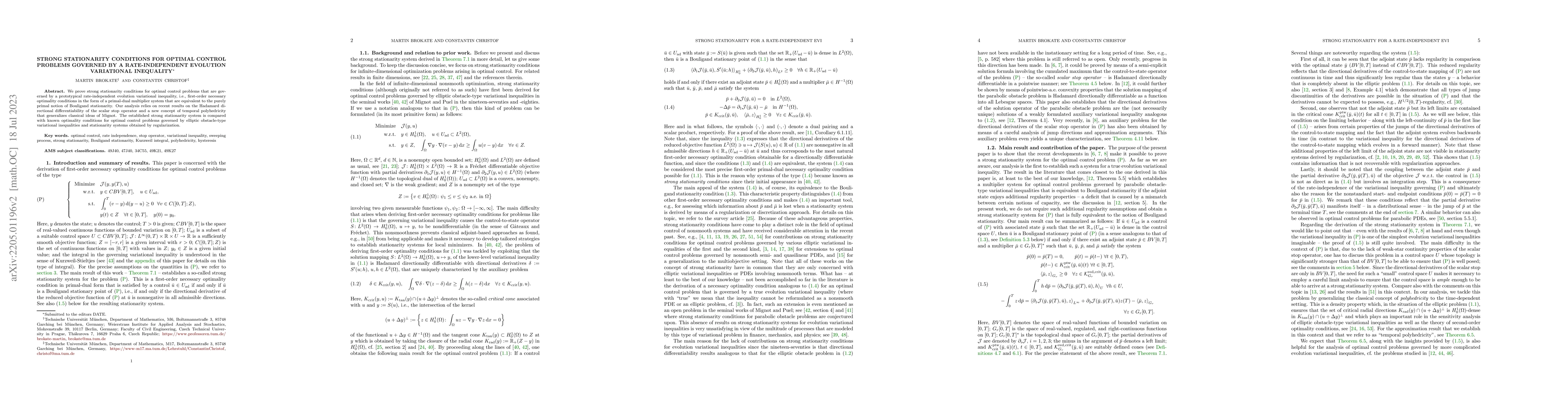 Thumbnail for Strong Stationarity Conditions for Optimal Control Problems Governed by
  a Rate-Independent Evolution Variational Inequality