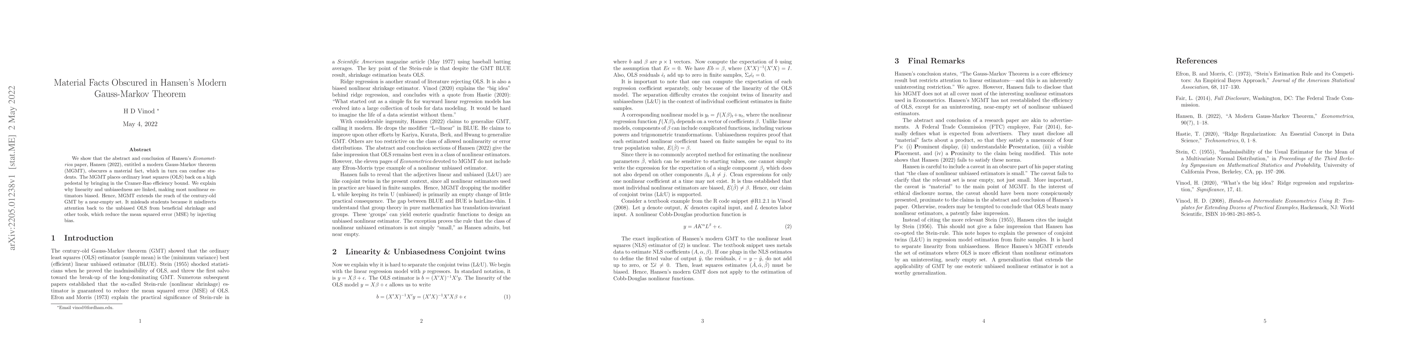 Thumbnail for Material Facts Obscured in Hansen's Modern Gauss-Markov Theorem