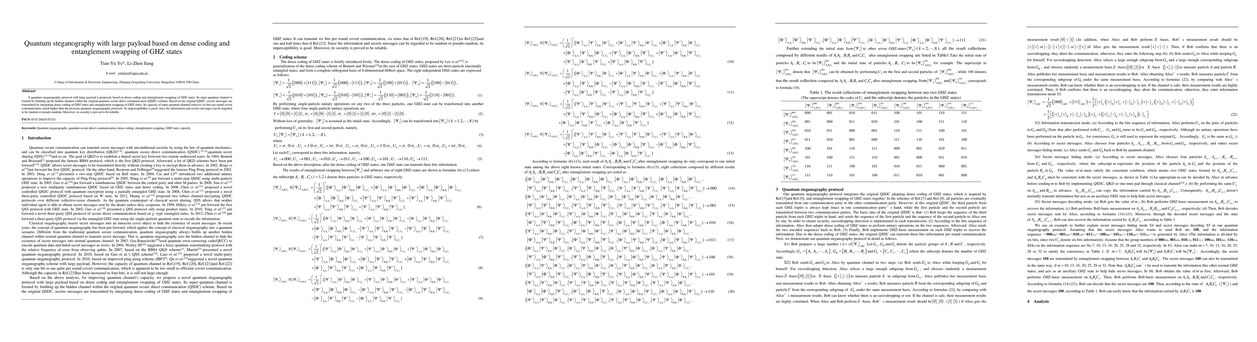 Thumbnail for Quantum steganography with large payload based on dense coding and
  entanglement swapping of GHZ states