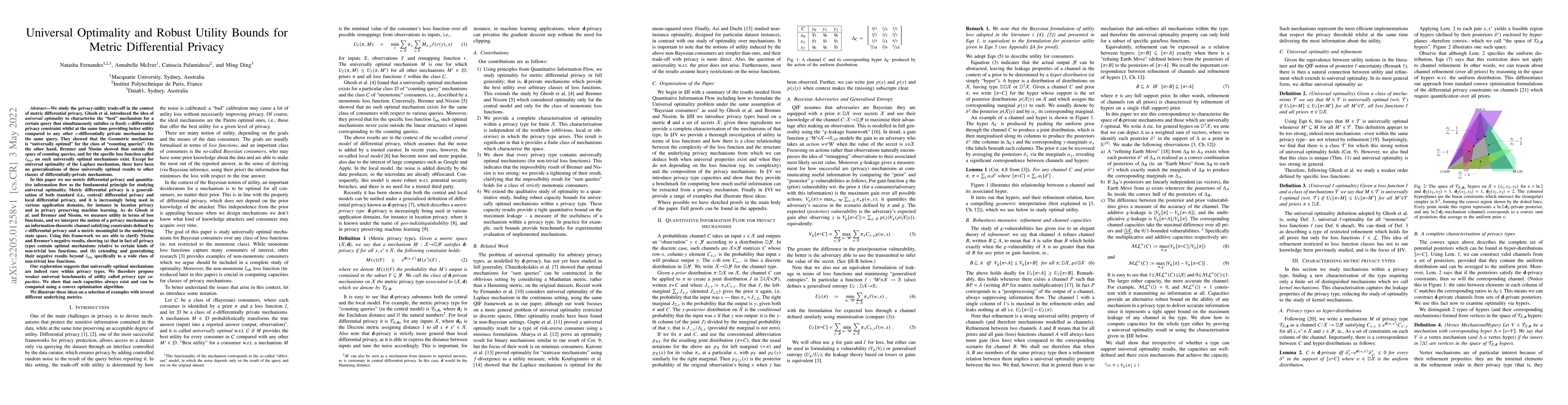 Thumbnail for Universal Optimality and Robust Utility Bounds for Metric Differential
  Privacy