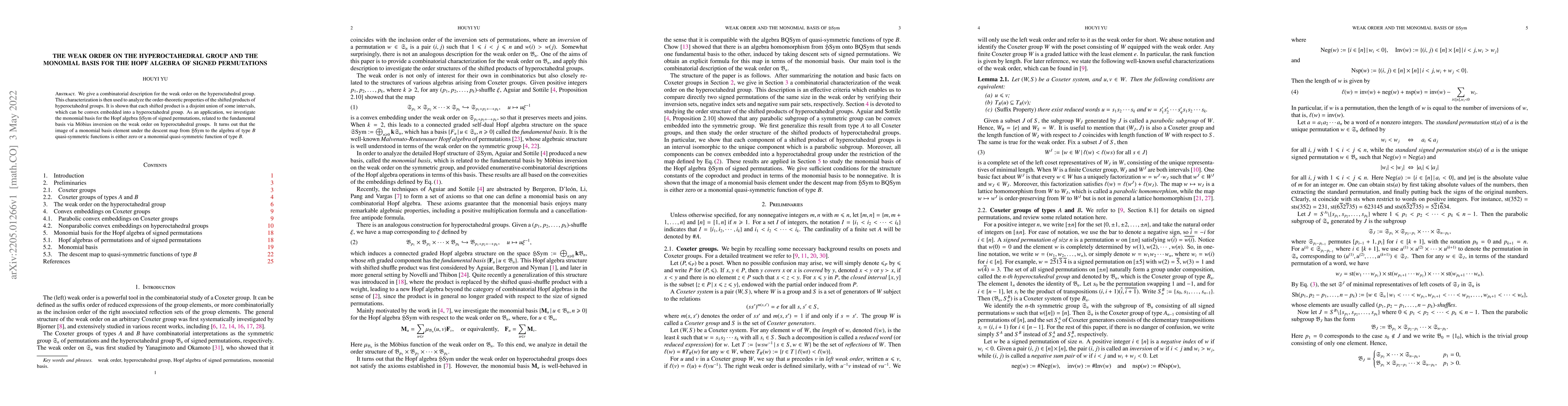 Thumbnail for The weak order on the hyperoctahedral group and the monomial basis for
  the Hopf algebra of signed permutations