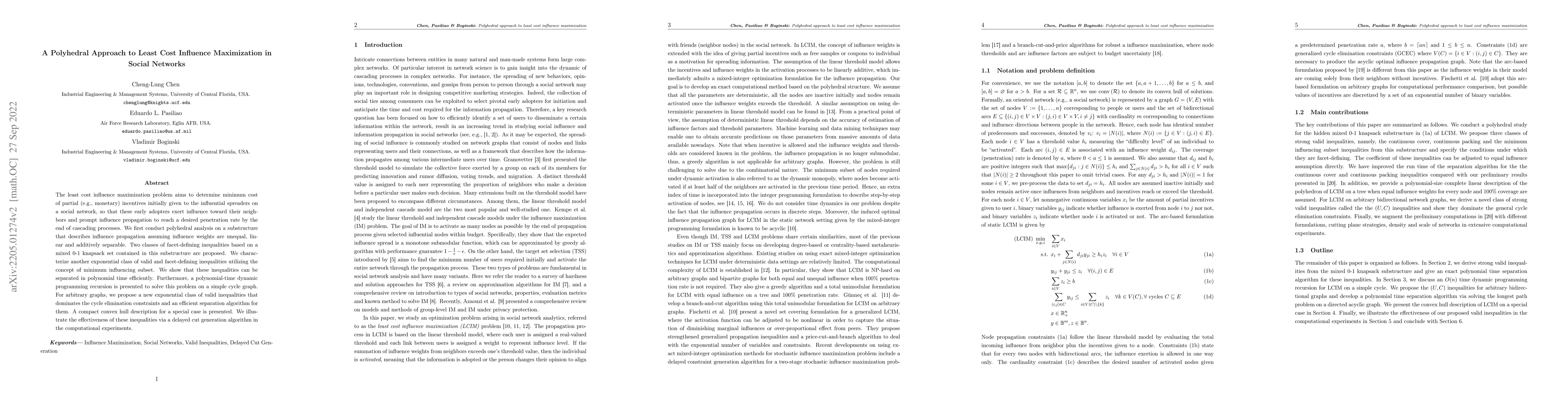 Thumbnail for A Polyhedral Approach to Least Cost Influence Maximization in Social
  Networks