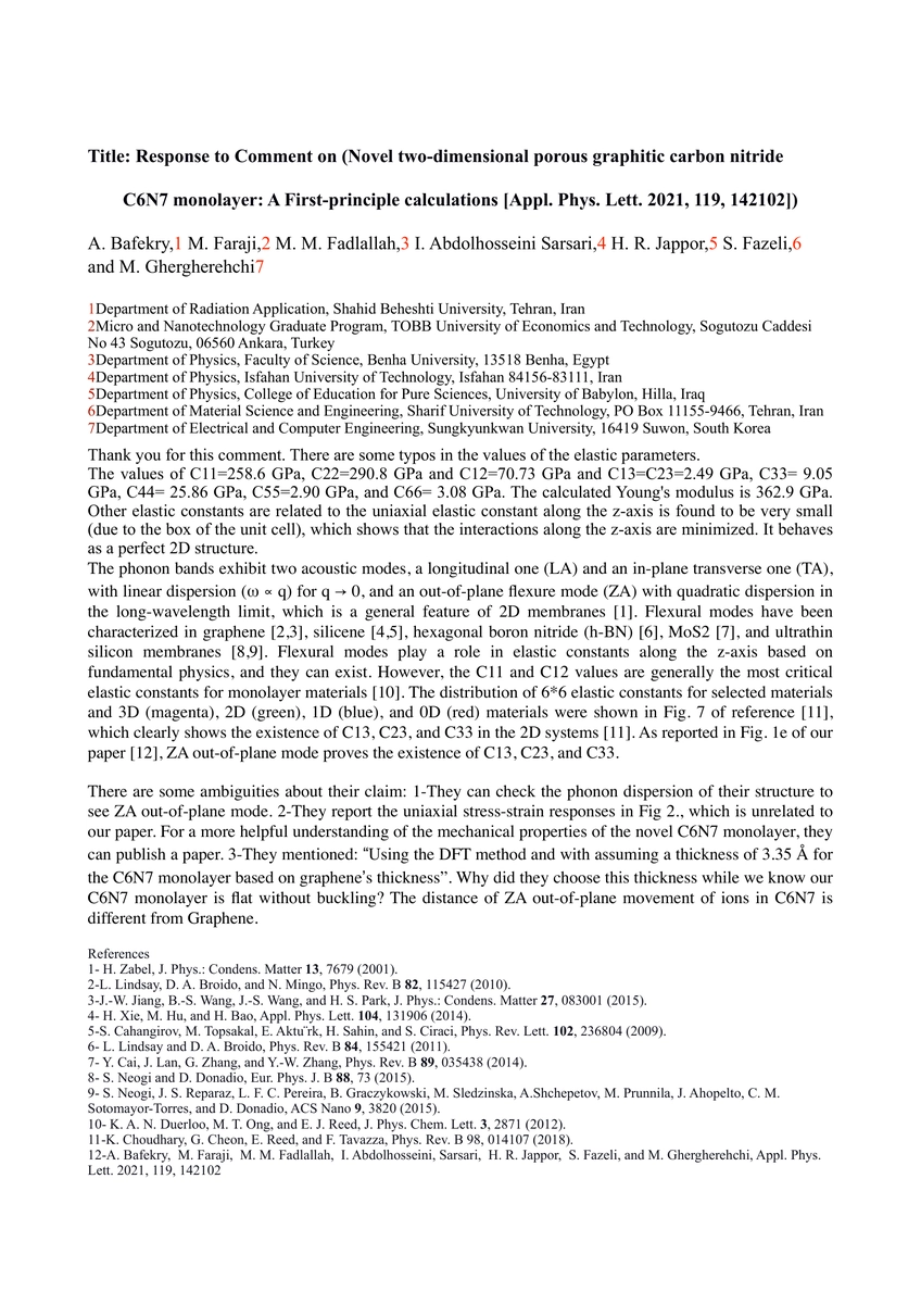 Thumbnail for Response to Comment on (Novel two-dimensional porous graphitic carbon
  nitride C6N7 monolayer: A First-principle calculations [Appl. Phys. Lett.
  2021, 119, 142102])