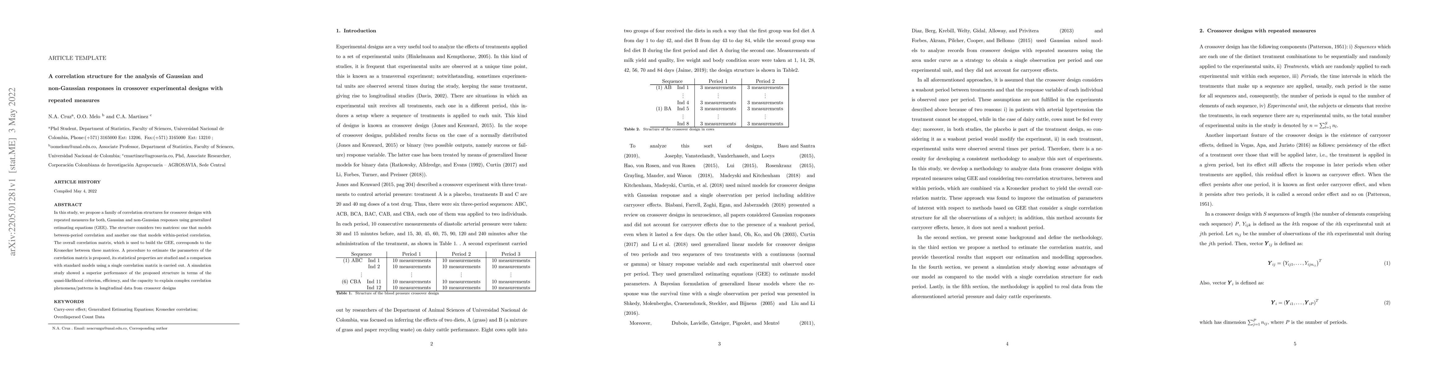 Thumbnail for A correlation structure for the analysis of Gaussian and non-Gaussian
  responses in crossover experimental designs with repeated measures