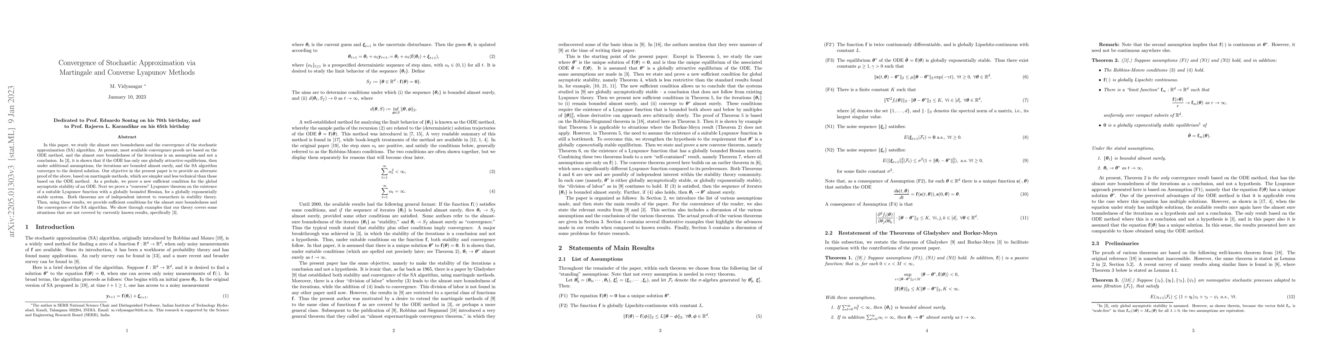 Thumbnail for Convergence of Stochastic Approximation via Martingale and Converse
  Lyapunov Methods