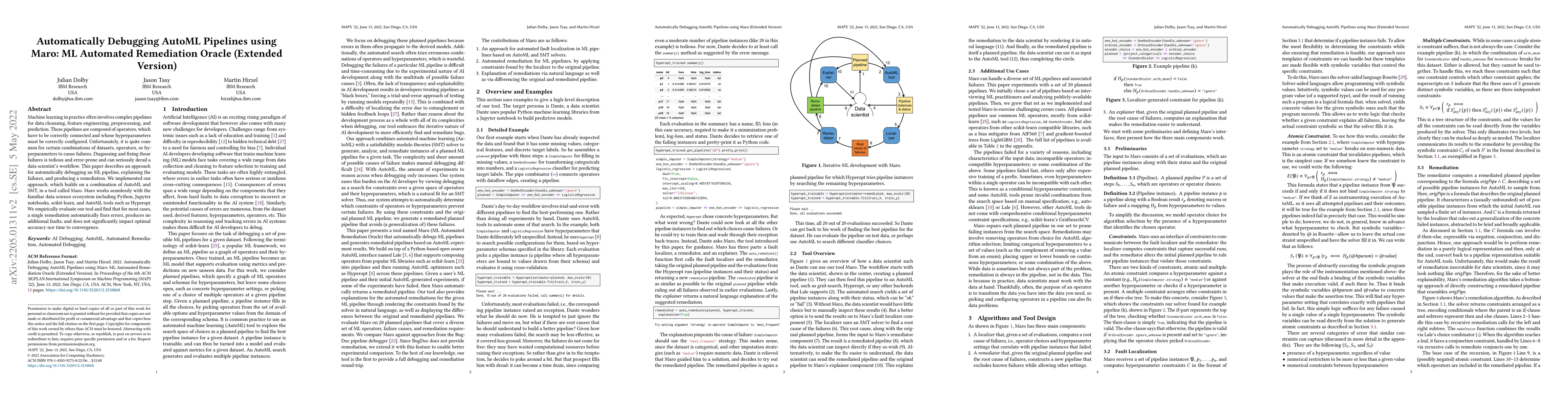 Thumbnail for Automatically Debugging AutoML Pipelines using Maro: ML Automated
  Remediation Oracle (Extended Version)