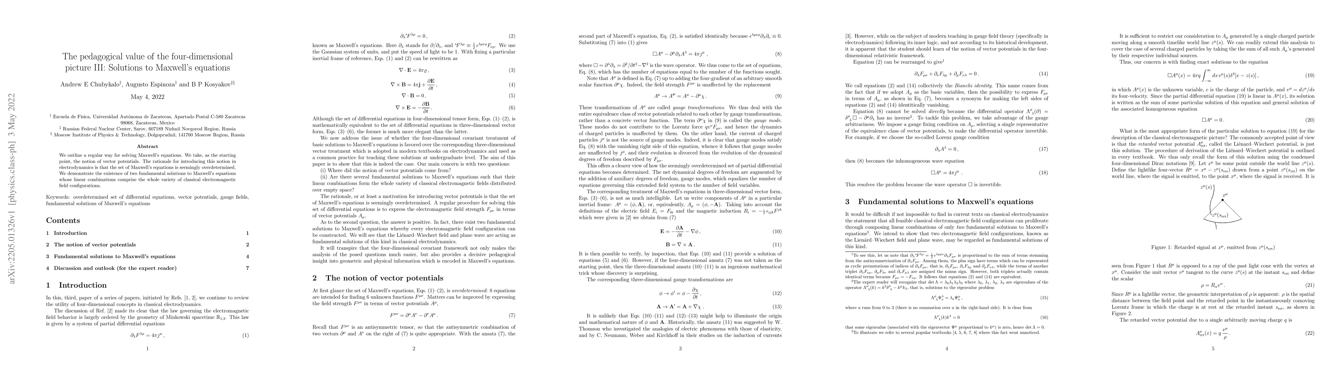 Thumbnail for The pedagogical value of the four-dimensional picture III: Solutions to
  Maxwell's equations