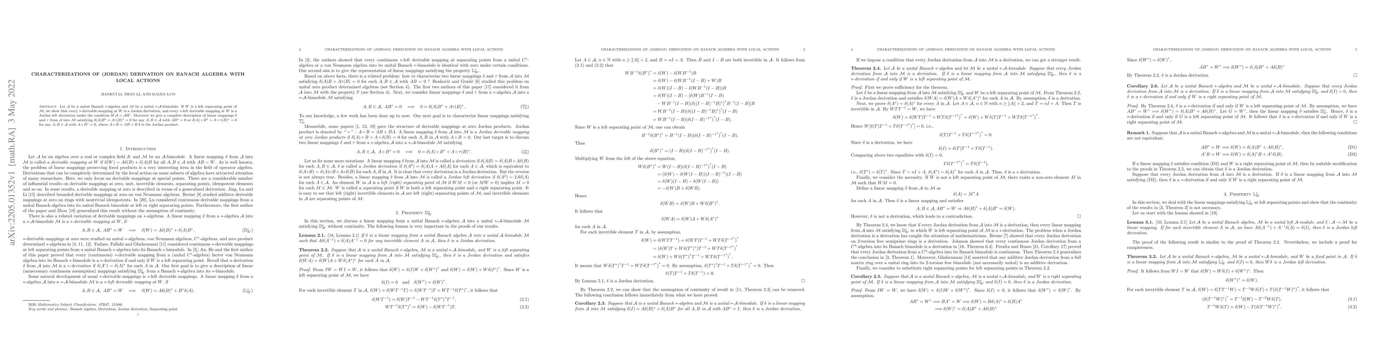 Thumbnail for Characterizations of (Jordan) derivation on Banach algebra with local
  actions