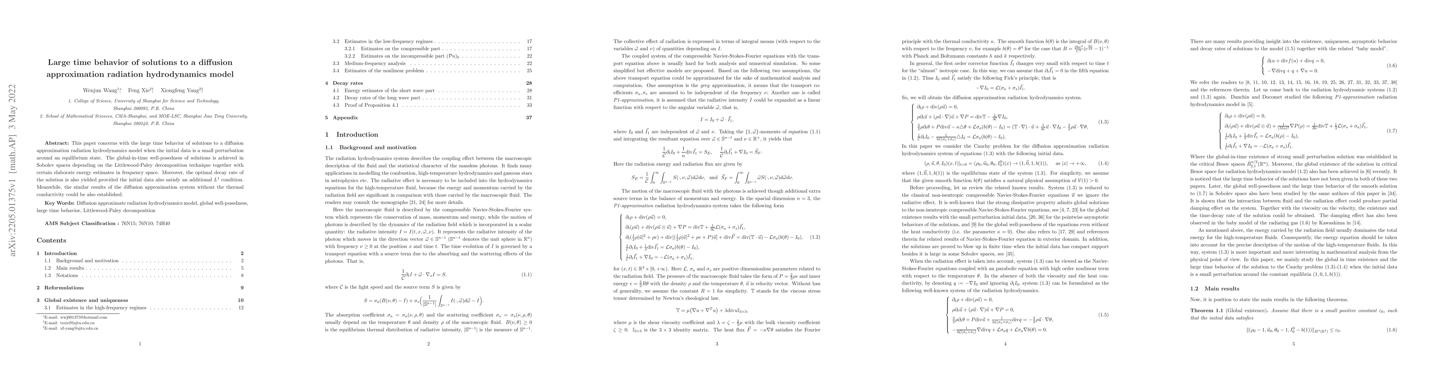 Thumbnail for Large time behavior of solutions to a diffusion approximation radiation
  hydrodynamics model