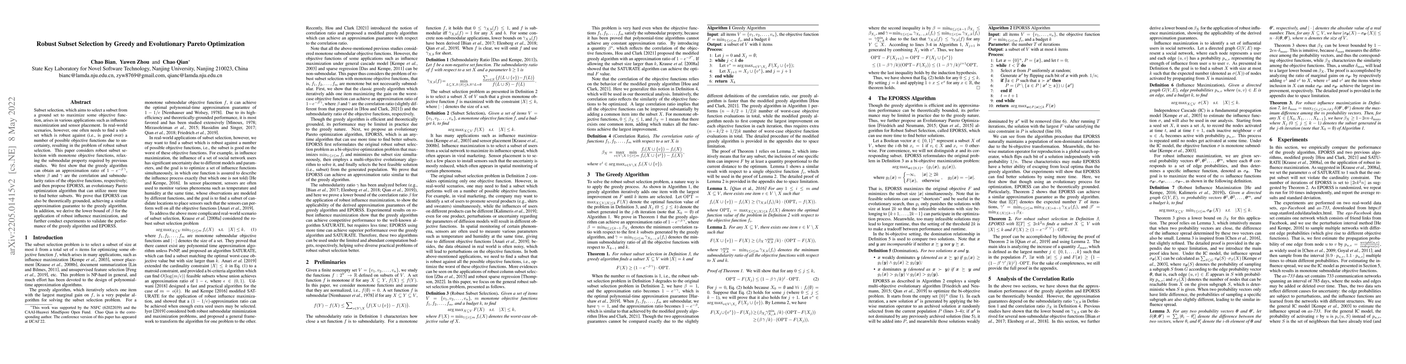 Thumbnail for Robust Subset Selection by Greedy and Evolutionary Pareto Optimization