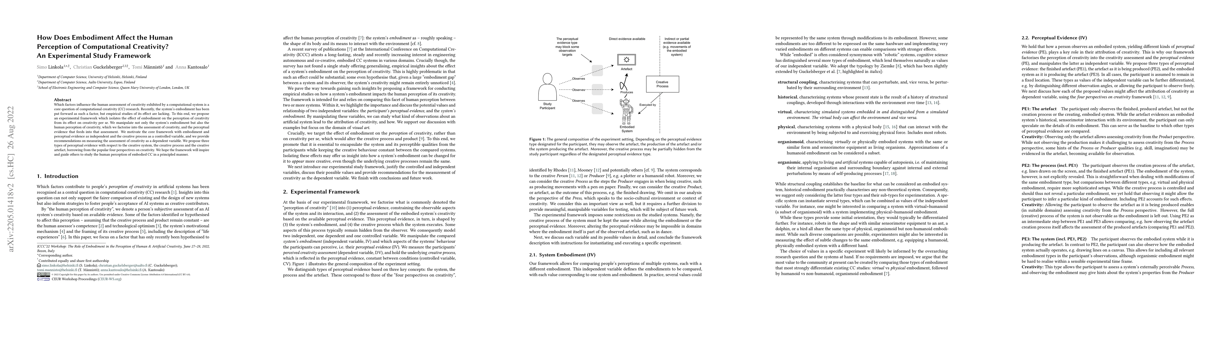 Thumbnail for How Does Embodiment Affect the Human Perception of Computational
  Creativity? An Experimental Study Framework