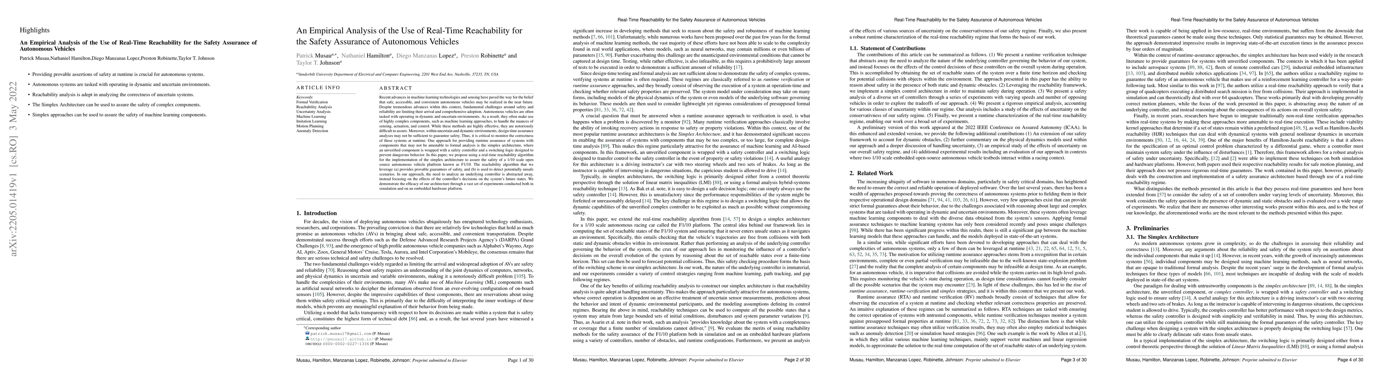 Thumbnail for An Empirical Analysis of the Use of Real-Time Reachability for the
  Safety Assurance of Autonomous Vehicles