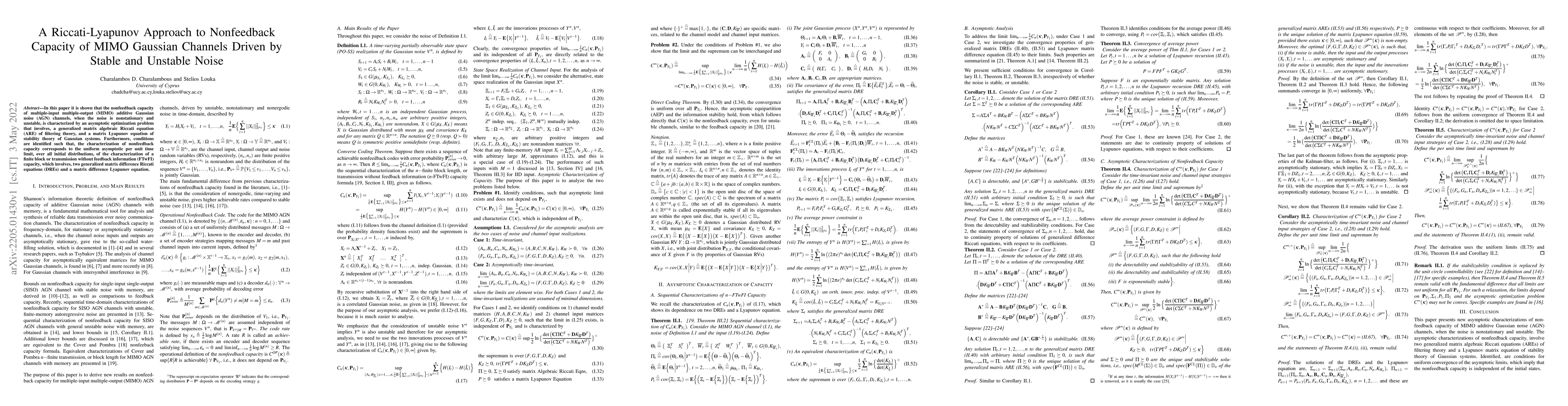 Thumbnail for A Riccati-Lyapunov Approach to Nonfeedback Capacity of MIMO Gaussian
  Channels Driven by Stable and Unstable Noise