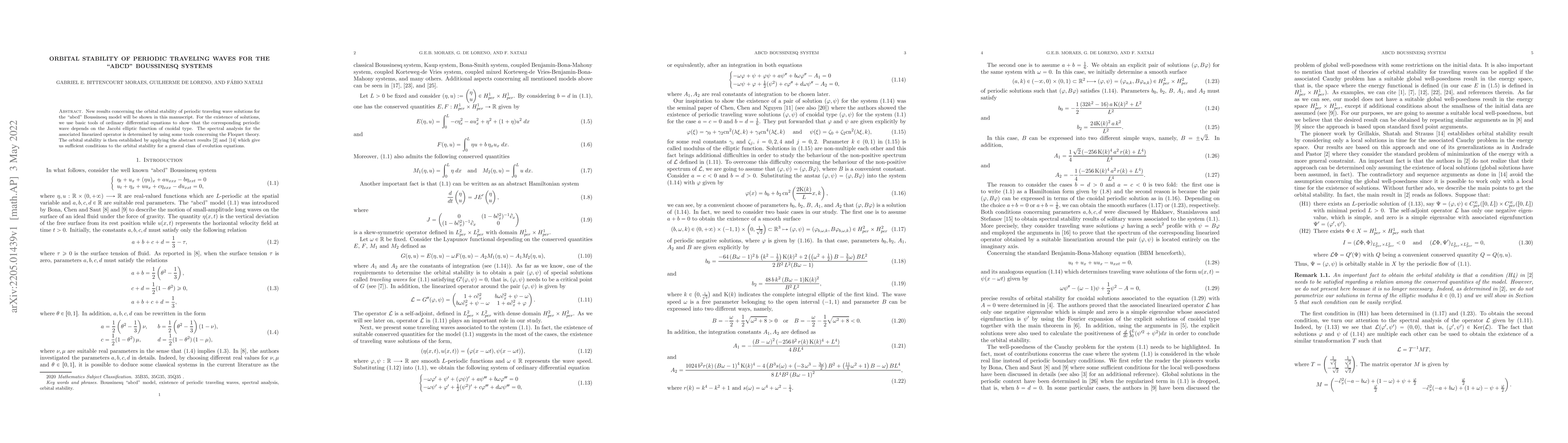 Thumbnail for Orbital Stability of Periodic Traveling Waves for the "abcd" Boussinesq
  Systems