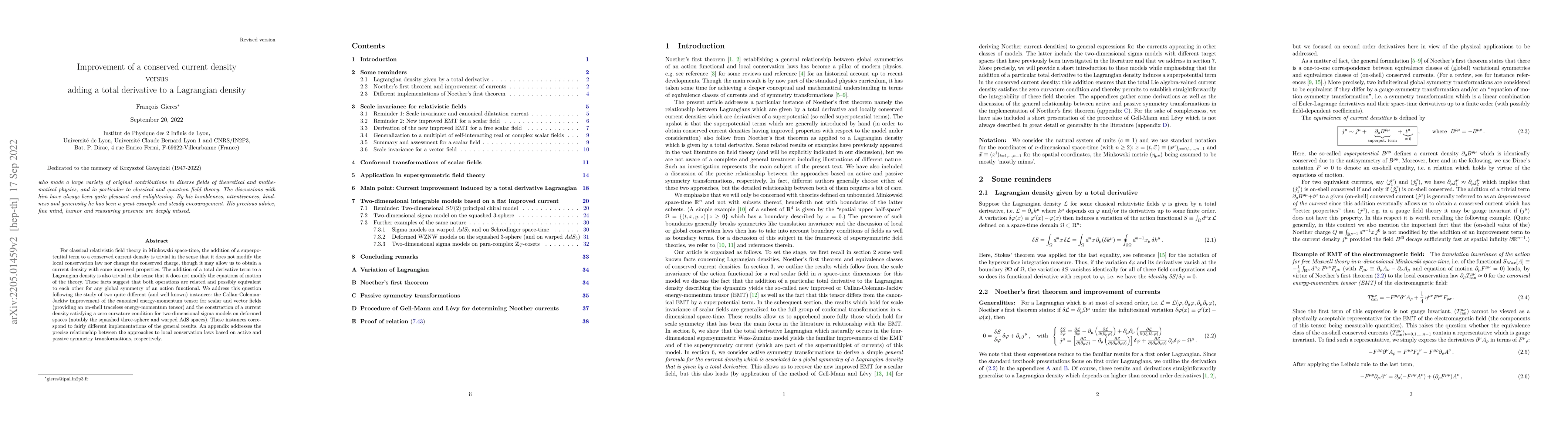 Thumbnail for Improvement of a conserved current density versus adding a total
  derivative to a Lagrangian density