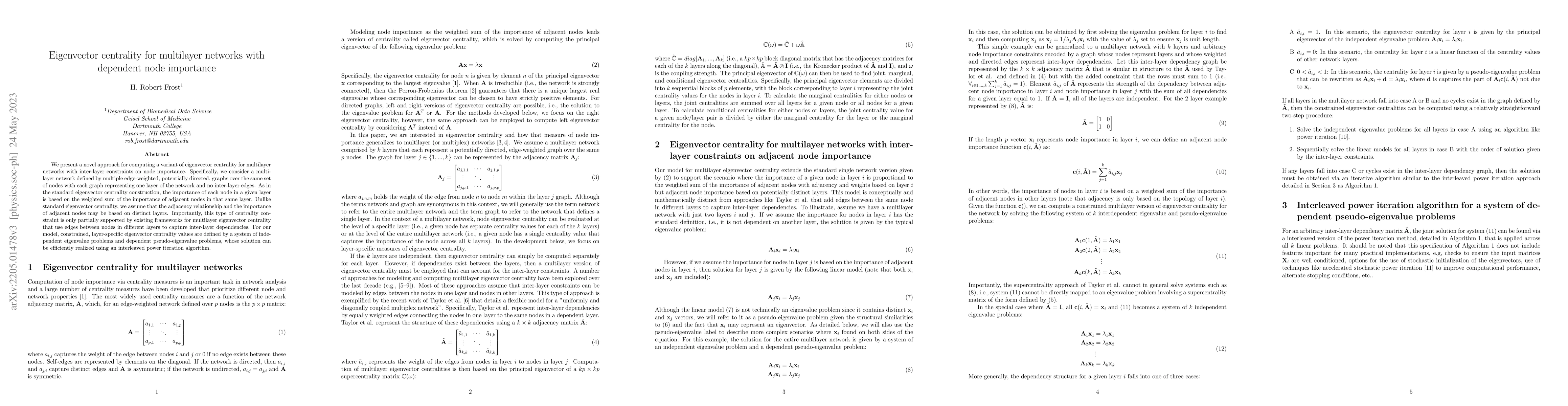 Thumbnail for Eigenvector centrality for multilayer networks with dependent node
  importance