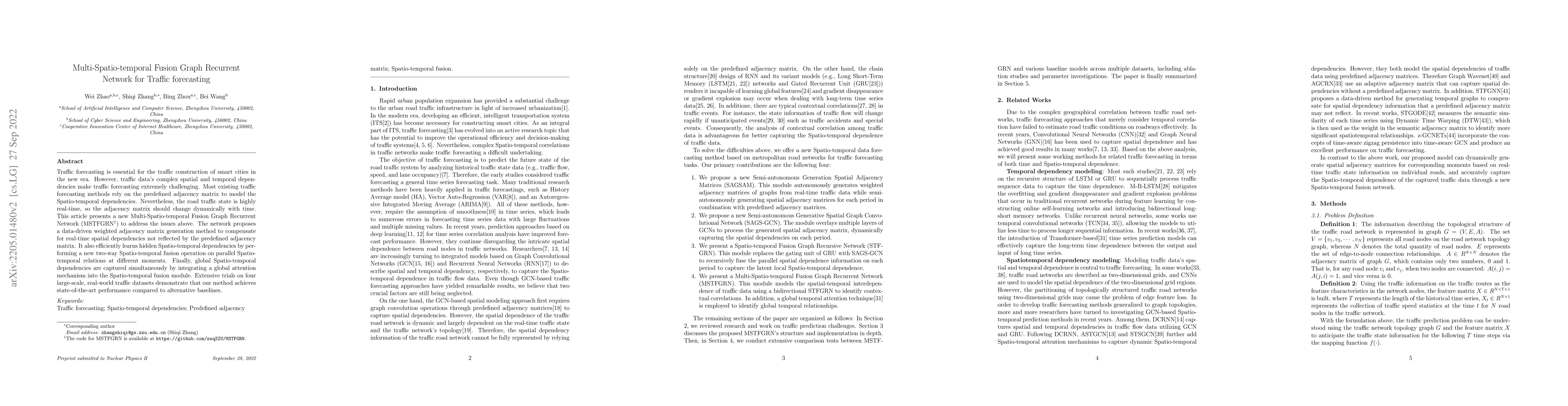 Thumbnail for Multi-Spatio-temporal Fusion Graph Recurrent Network for Traffic
  forecasting