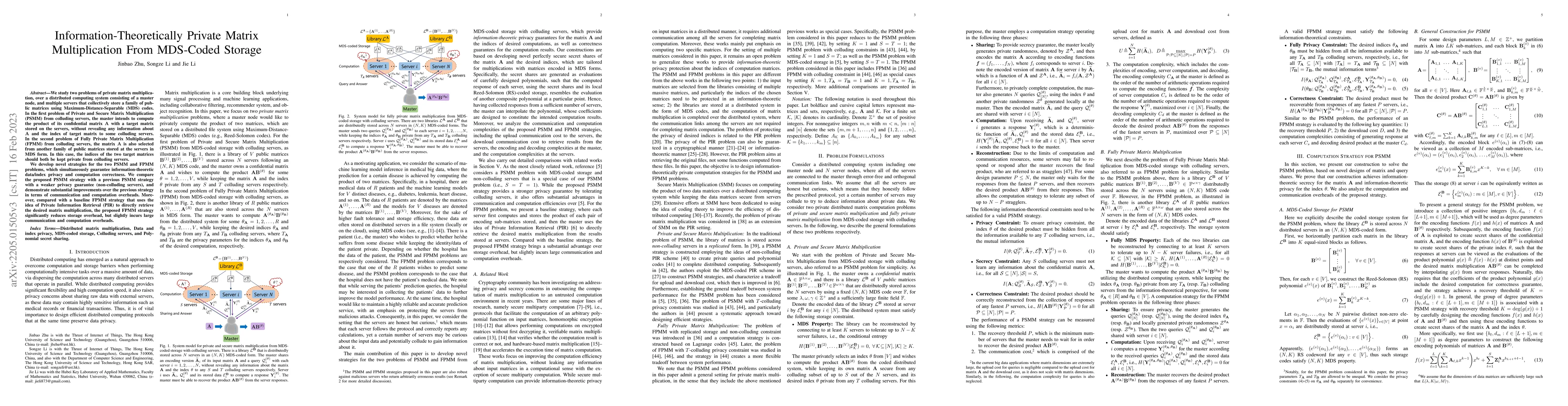 Thumbnail for Information-Theoretically Private Matrix Multiplication From MDS-Coded
  Storage